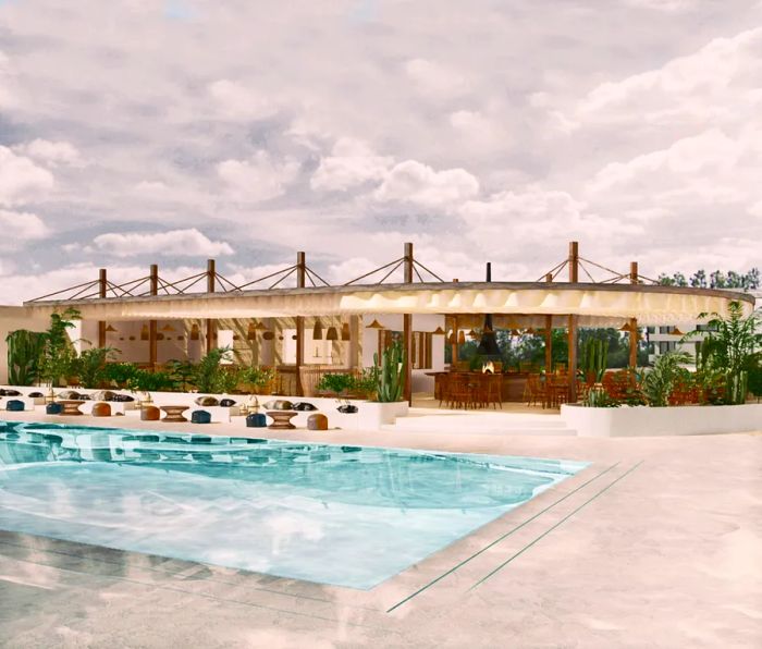 The new Kimpton Aysla Mallorca features a stunning pool and pool bar.