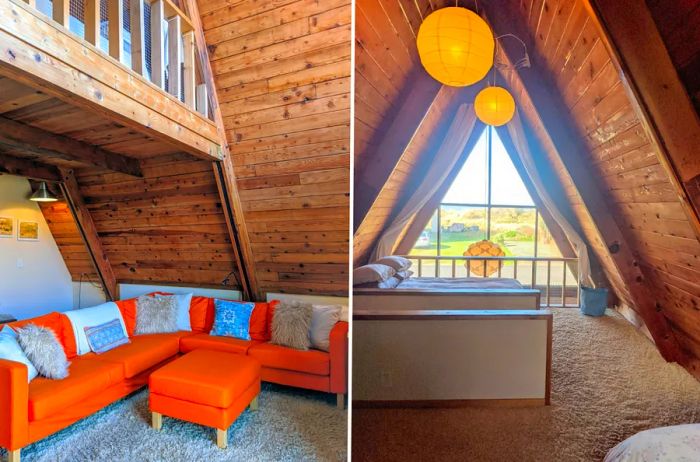 Interiors of the A-frame beach house: an orange L-shaped couch in the living room (L) and the view from the upstairs bedroom (R)