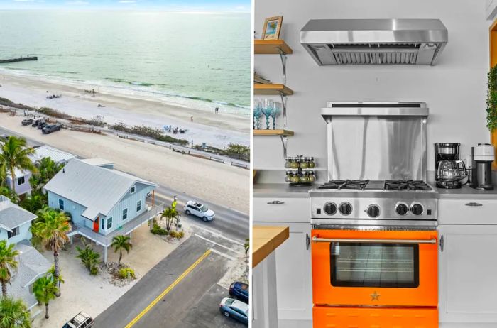 Bird's-eye view of a beachside residence nestled near both roads and the shore (L); stylish kitchen interior featuring a vibrant orange oven (R)