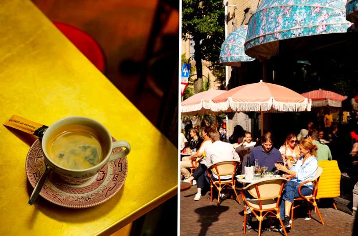 Left: A cup of coffee on a café table. Right: Diners enjoying a meal at an outdoor café.