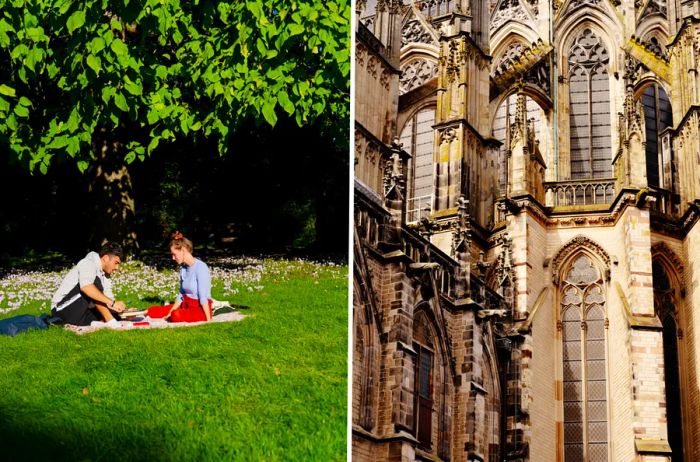 Left: two individuals enjoying a picnic in a park in Utrecht. Right: A stunning image of a cathedral in Utrecht.