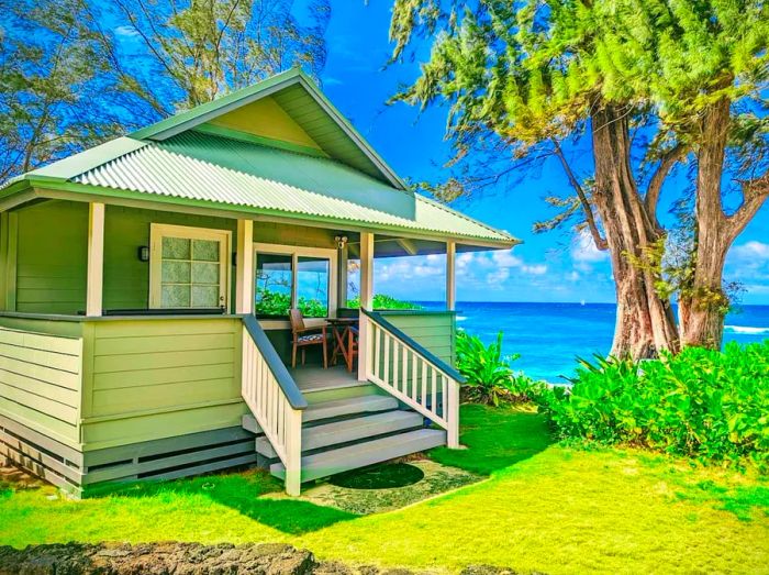 A charming wooden cottage featuring a porch and a small staircase next to a tree, with the ocean in the background