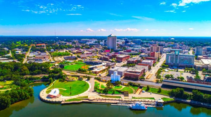 Aerial drone view of downtown Montgomery, Alabama, showcasing the city skyline.