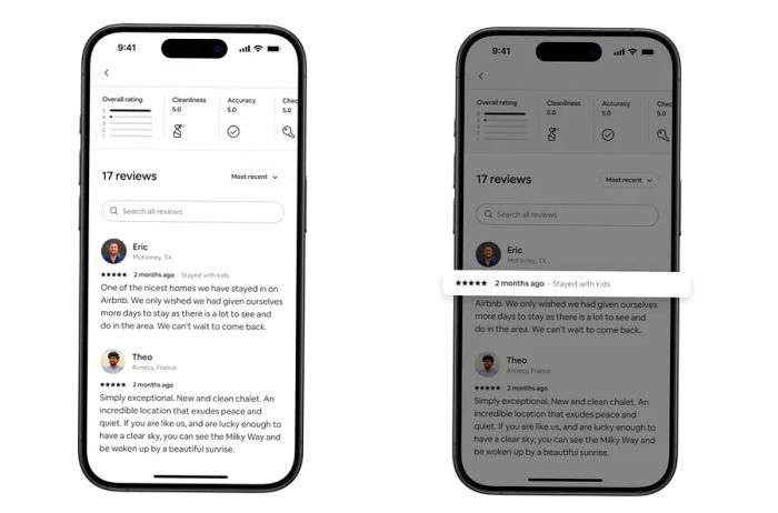 Screenshots of the updated ratings and reviews section on the Airbnb app for iPhone