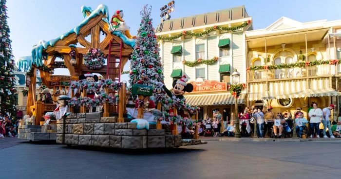 Mickey Mouse on a festive Christmas float