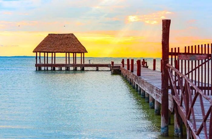 Deserted pier with a palapa at the end on Isla Holbox