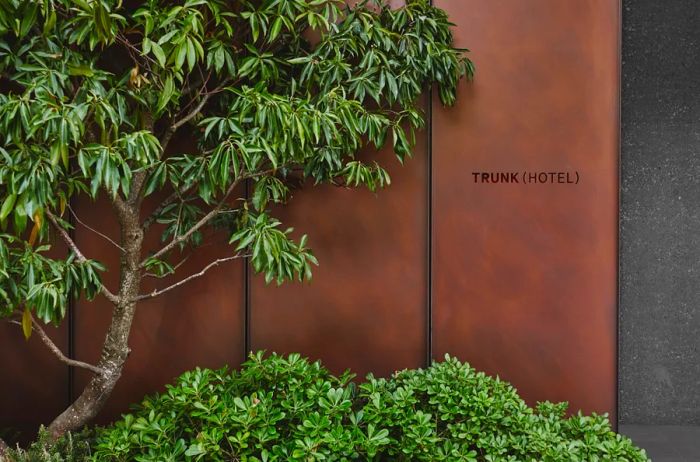 The entrance to Trunk(Hotel) Yoyogi Park in Tokyo is adorned with lush plants and shrubs.