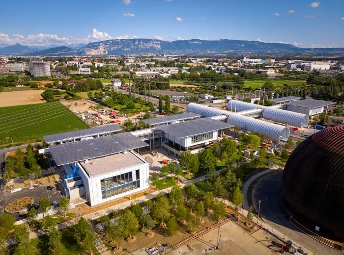 An aerial perspective of the buildings at CERN