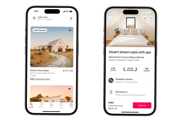 Screenshots showcasing new Guest Favorites listings on the Airbnb app for iPhone