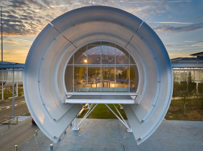 A close-up view of the circular CERN Science Gateway