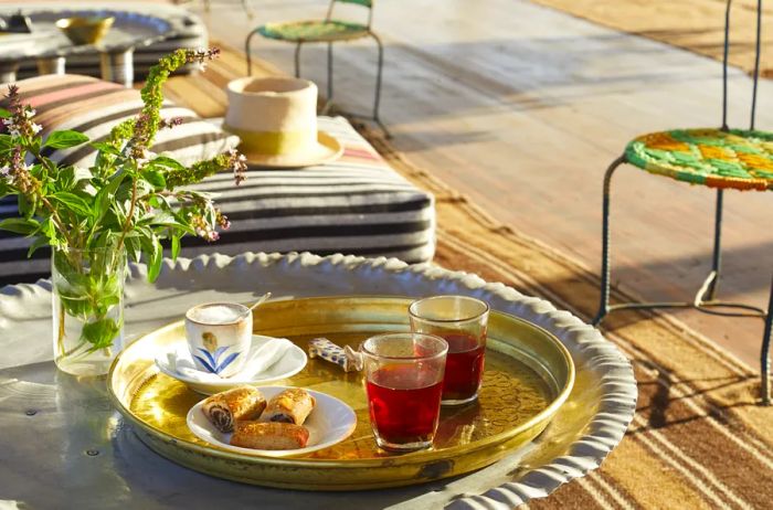 A platter of treats on the deck of a sailboat