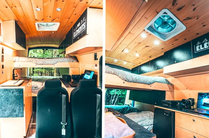 Two images showcasing the camper van's interior: the left shows two vacant black seats at the front with a wooden ceiling, while the right displays the bunk beds.