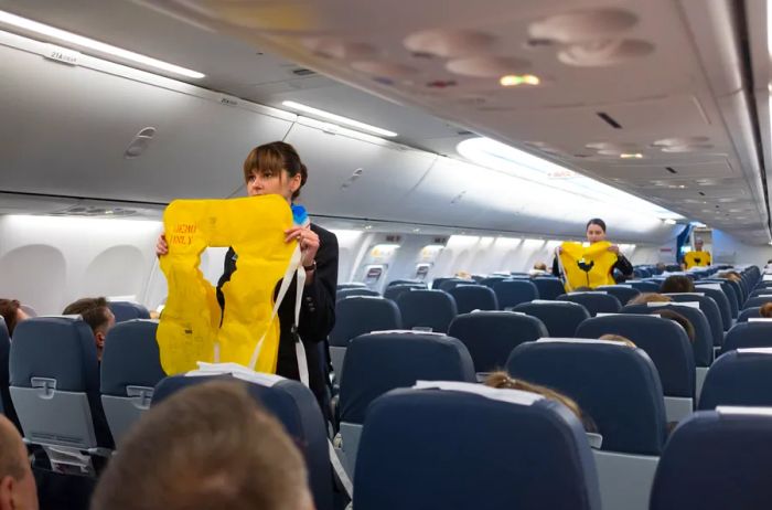 Three flight attendants in an airplane aisle showing how to inflate a life vest