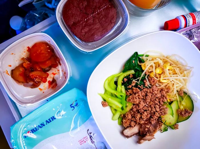 Aerial view of Korean Air's in-flight bibimbap meal