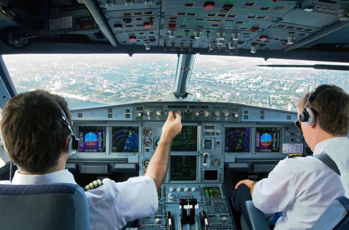 Pilots in the cockpit during flight