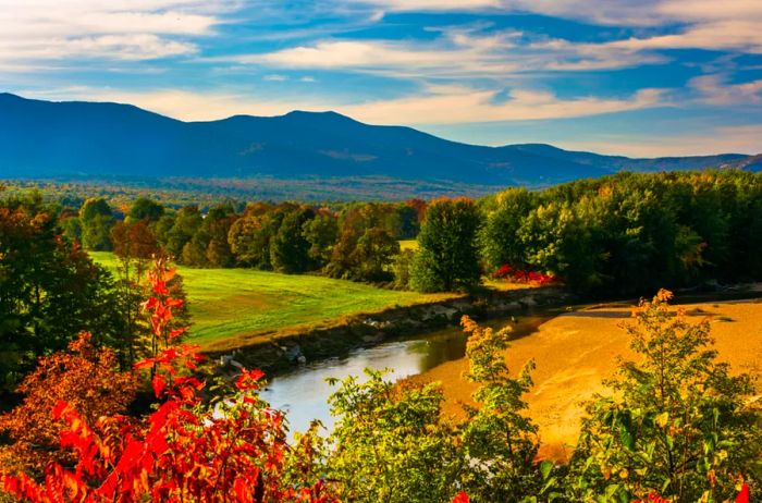 The Saco River flows through Conway, New Hampshire, bordered by lush fields and trees, with majestic mountains in the background.