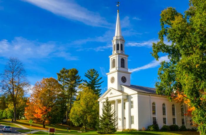 Historic white church with a tall steeple in Williamstown