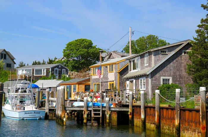 A cluster of houses lining the pier in the quaint fishing village of Menemsha.