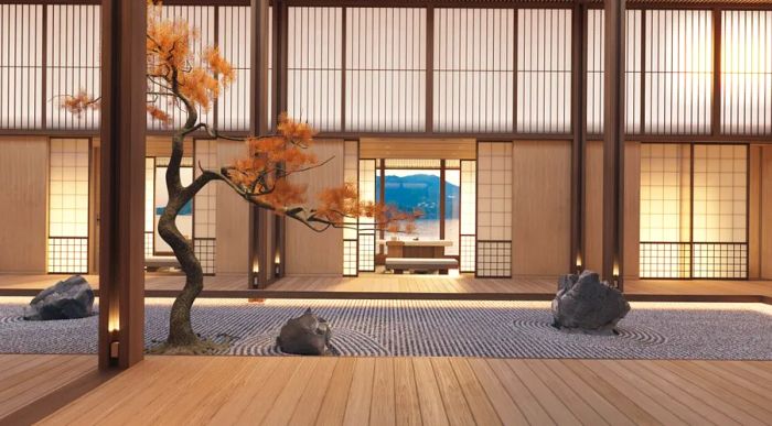 Interior rendering of Aman yacht showcasing a Japanese-style garden