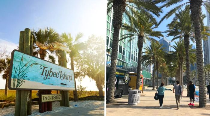 The left photo shows the welcome sign for Tybee Island, while the right photo depicts individuals strolling beneath palm trees on a street in San Diego.