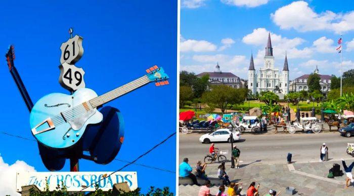 The left image features a sign marking the Crossroads, where Routes 49 and 61 meet in Clarksdale, Mississippi. The right image showcases Jackson Square in front of St. Louis Cathedral in New Orleans.