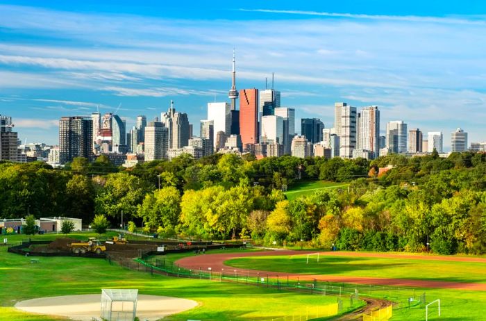 A panoramic view of downtown Toronto’s skyline from Riverdale Park in Ontario, Canada