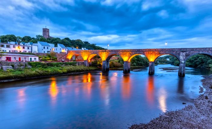 The Newport Viaduct in County Mayo near Westport, Ireland, illuminated at night