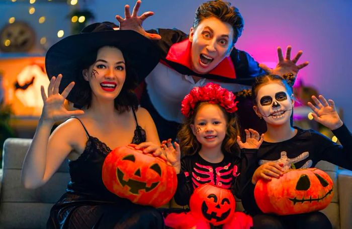 Joyful family enjoying Halloween festivities. Everyone is dressed in vibrant carnival costumes and makeup.