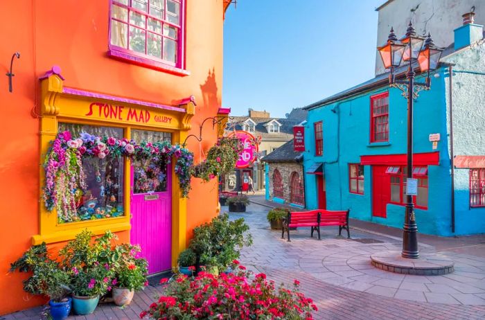 Charming traditional Irish homes adorned with flowers, showcasing vivid colors and colorful facades, complemented by old lampposts lighting the streets.