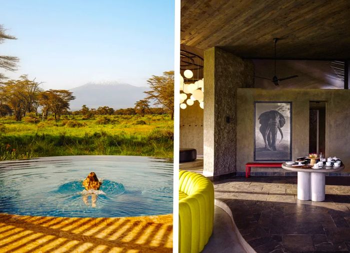 Left: Angama Amboseli features a private pool overlooking Mt. Kilimanjaro. Right: The property showcases photographs of the region's majestic super-tusker elephants throughout its spaces.