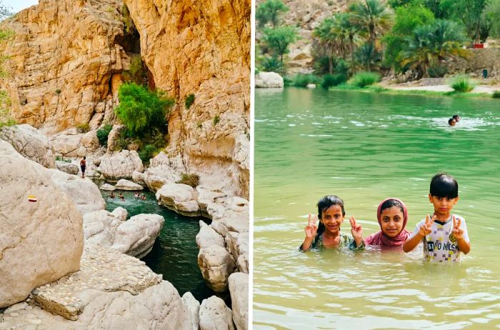 A distant view of a wadi nestled among cliffs, with a few swimmers (L); several Omani children enjoying Wadi Bani Khalid Oasis (R)