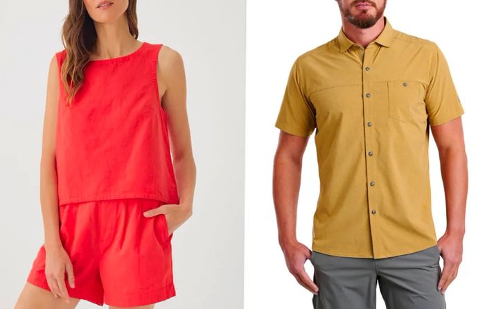 Left: A coral linen-blend two-piece set from Pact. Right: A tan moisture-wicking button-up shirt from KÜHL.