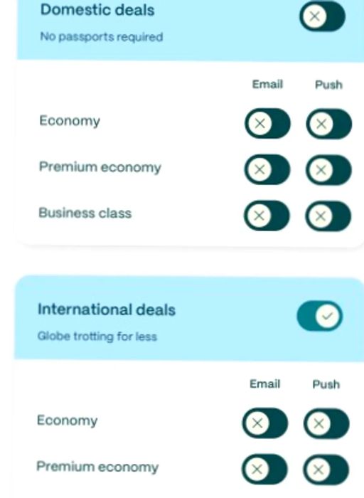 A screenshot of the Going app displaying domestic and international flight deals, featuring toggle options for push notifications including economy, business class, and first-class offers.