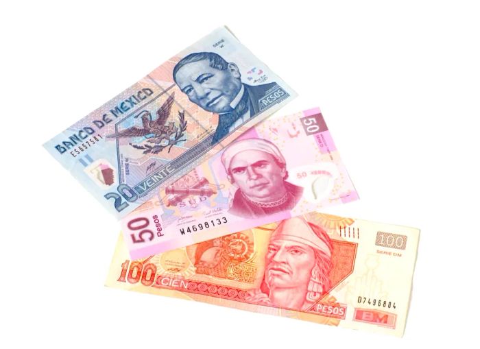 Three small-denomination Mexican pesos notes: 20, 50, and 100