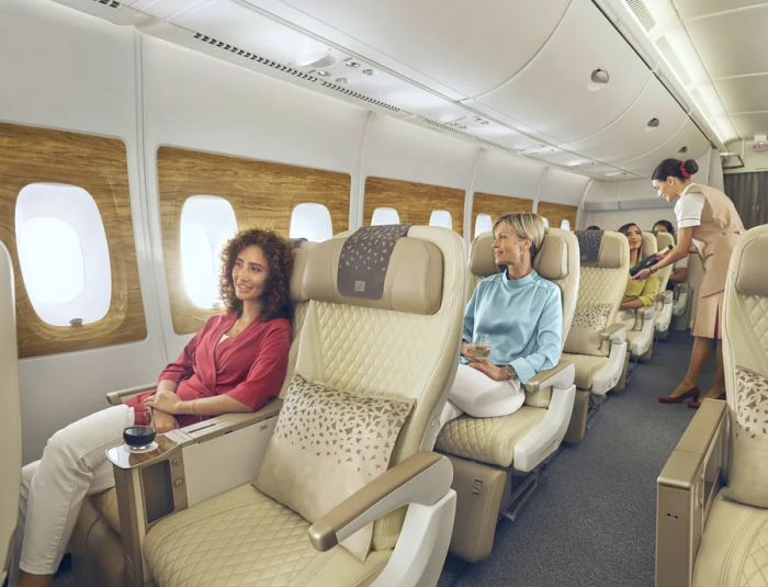 Passengers enjoying beverages in Emirates' luxurious cream-colored leather premium economy seats.