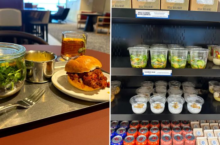 Hot (L) and cold (R) food selections available at the Denver Capital One Lounge