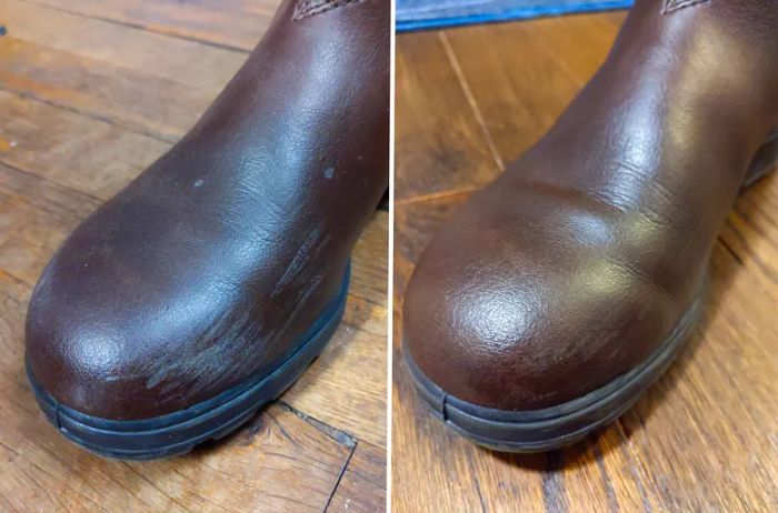 Scratches on the vegan microfiber upper of the shoe (L) become somewhat less visible (but don’t fully disappear) when treated with shoe polish (R).