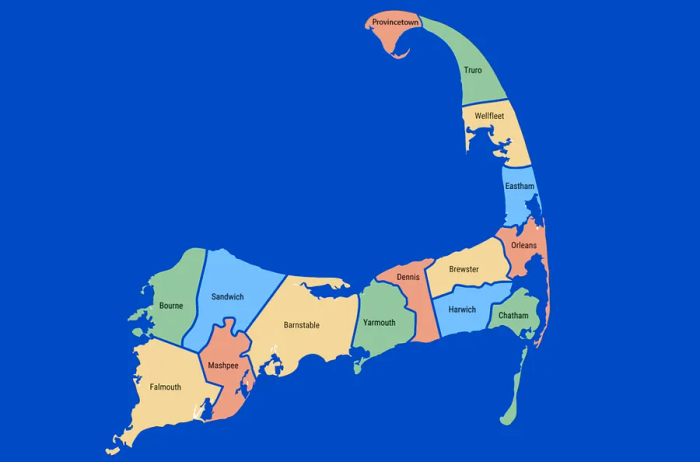 This map highlights the various towns across Cape Cod, illustrated in four distinct colors.