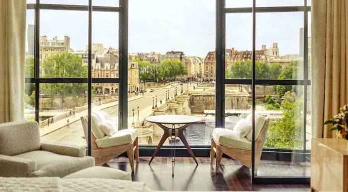 A view of the Seine River from a guest room at Cheval Blanc Paris