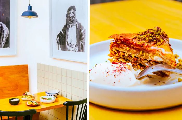 A beautifully arranged meal at PatPatz restaurant in Mexico City’s Juárez neighborhood features, from the far left, labneh with mint and watermelon, a roasted beet and falafel pita sandwich, a mezze platter, and a fresh salad.