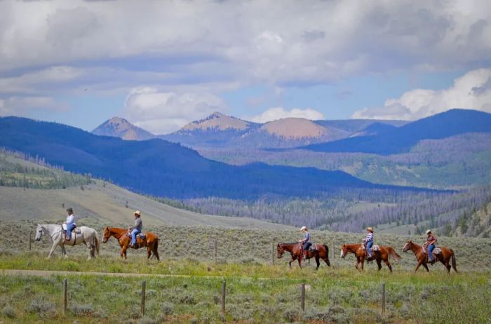 Five riders traverse a field, with lush, forested mountains in the background.