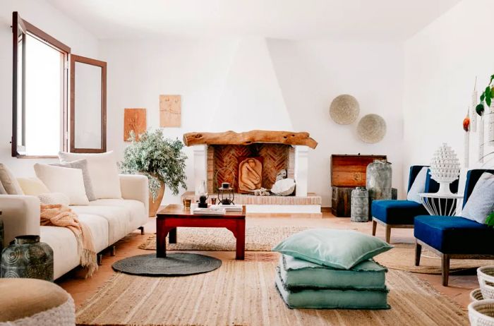 This guest room at Hotel Principe di Salina features a grand fireplace, blue chairs, and crisp white walls.