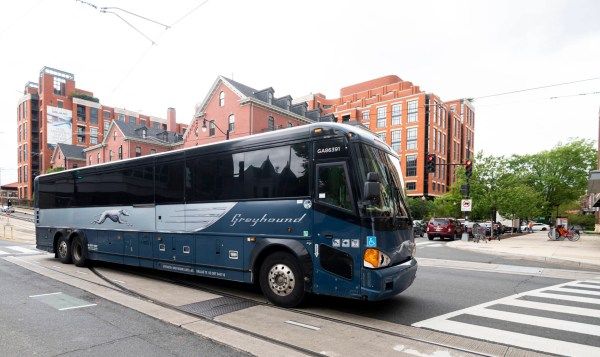 UNITED STATES - APRIL 27: A Greyhound bus makes its way through Washington after leaving Union Station on Monday, April 27, 2020. (Photo By Bill Clark/CQ-Roll Call, Inc via Getty Images)