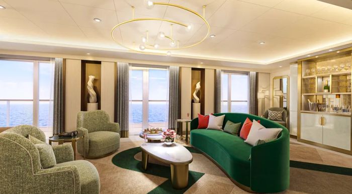 A rendering of a suite on Cunard's upcoming 'Queen Anne,' featuring a luxurious velvet green couch and a stylish bar area.