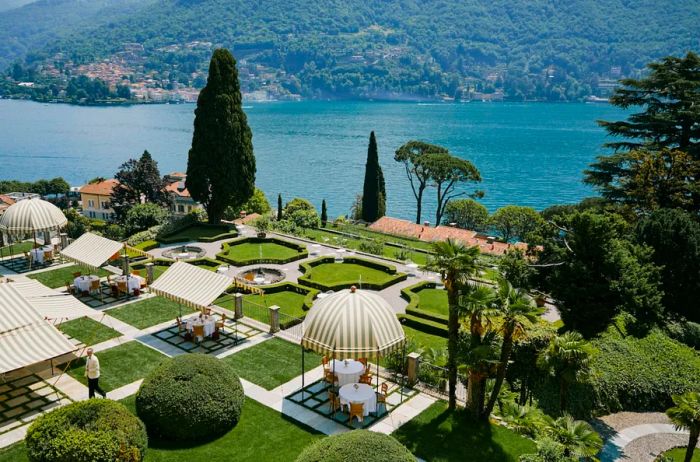 Aerial view showcasing the beautifully manicured grounds at Passalacqua, with Lake Como in the backdrop.