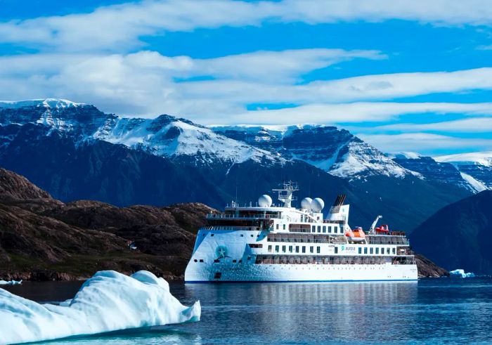 The 'Greg Mortimer' from Aurora Expeditions, accommodating 132 passengers, sails in polar waters.