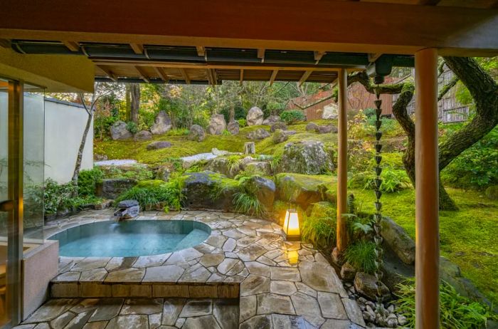 This suite at Gora Kadan in Japan includes a private hot springs soaking tub.