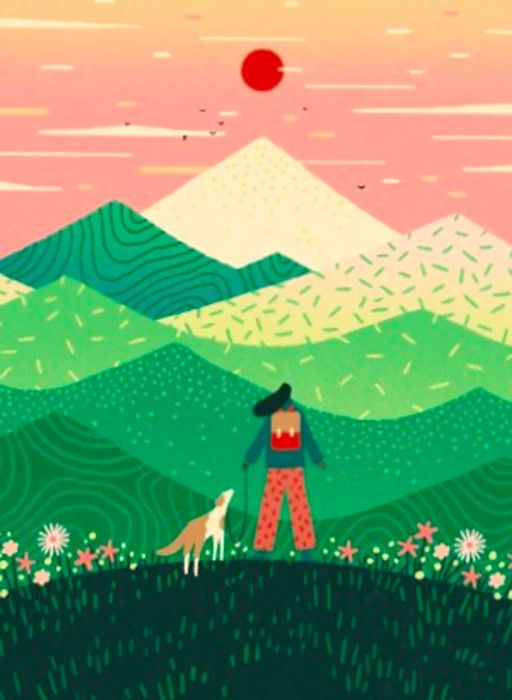 An illustration depicting a person hiking with their dog on a mountain.