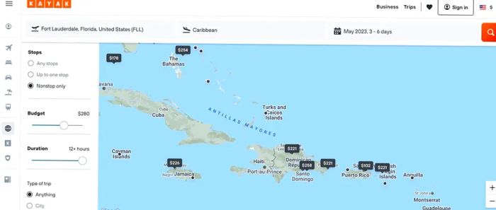 Screenshot of Kayak Direct: Caribbean map