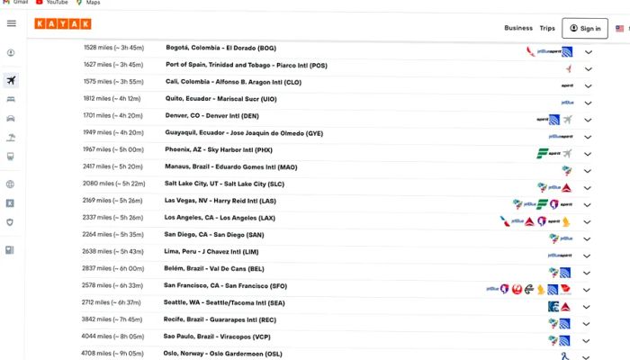 Screenshot of flights from Kayak Direct